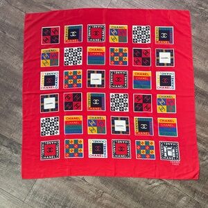 CHANEL Red Multicolor Logo Scarf